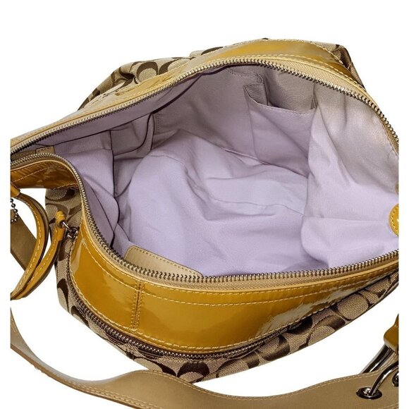 Coach Tan/Brown Signature Canvas Hobo Bag With Mustard Yellow Patent Leather Tri - Picture 3 of 13